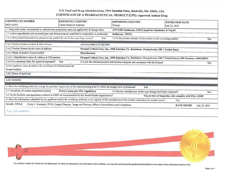 FDA Certificate Sample 2