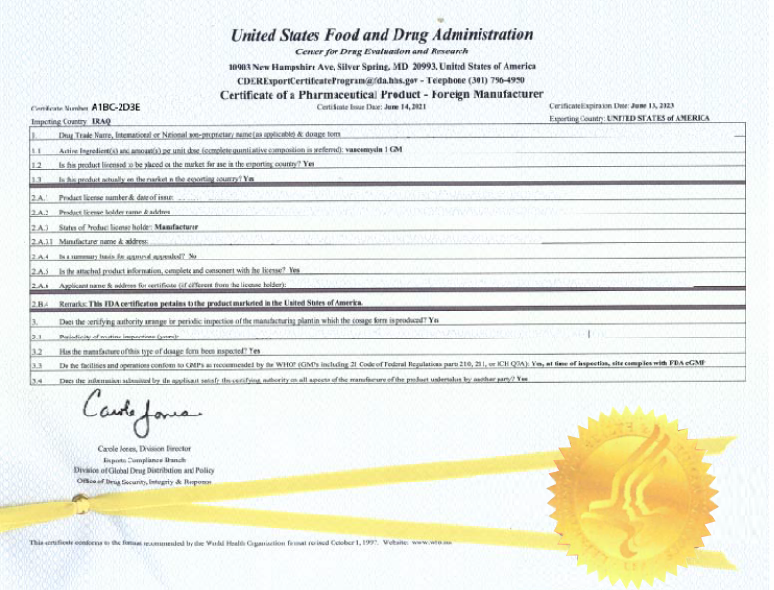 FDA Certificate Sample 1